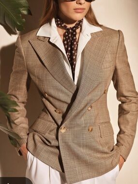 Ralph Lauren Wool Tan Glen Plaid Double Breasted Blazer Size 4